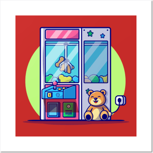 Claw Machine with Cute Teddy Bear Cartoon Vector Icon Illustration Posters and Art